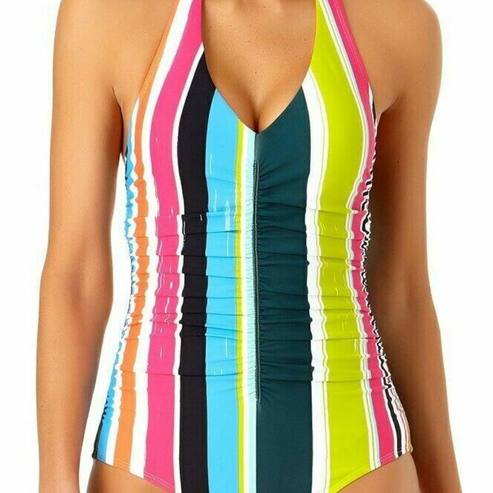 NWT Anne Cole Swim Swimsuit One 1 piece Sz 16 Halter Shirred V Neck - Picture 4 of 4